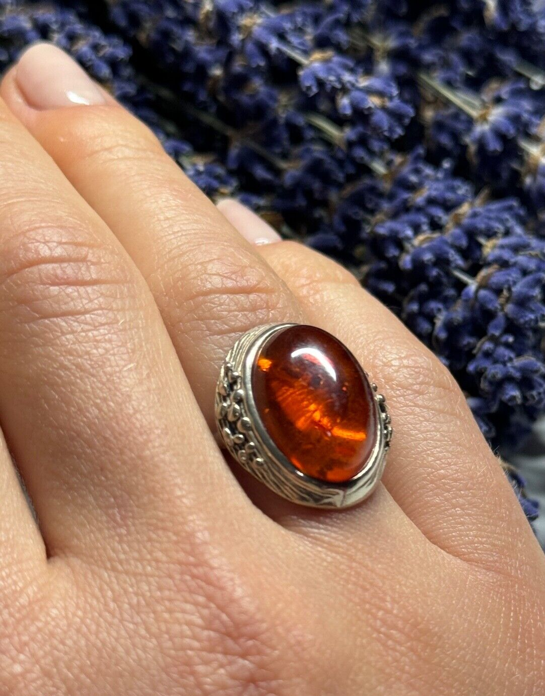 925 Sterling Silver Amber Ring Size 6