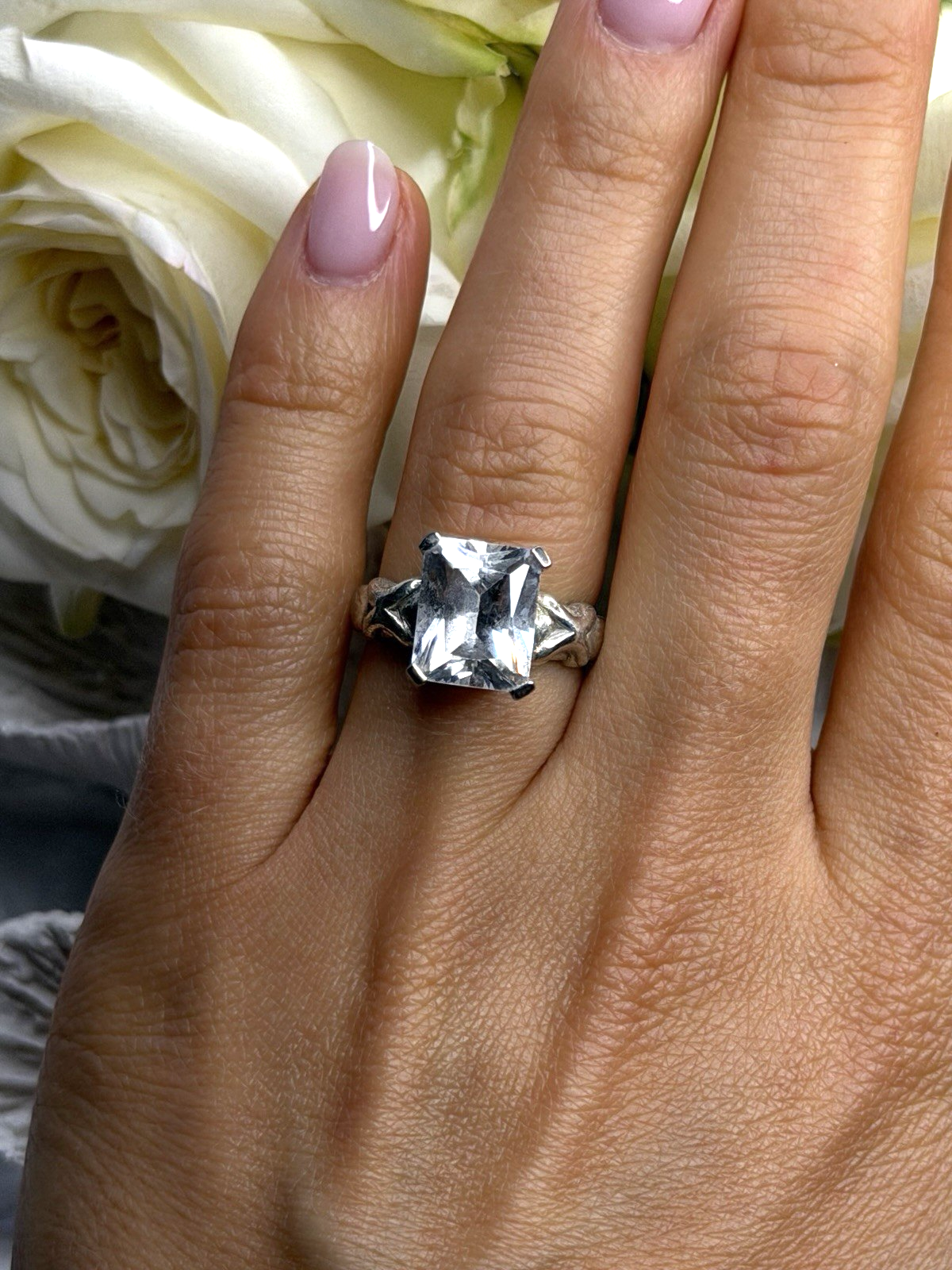 Art Deco Style 925 Sterling Silver Clear Cz Ring Size 7