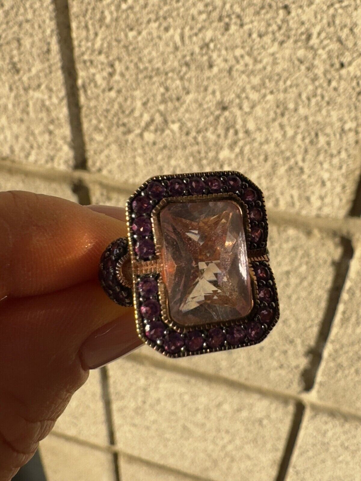 925 Sterling Silver Gold Plated Morganite & Amethyst Ring Size 6