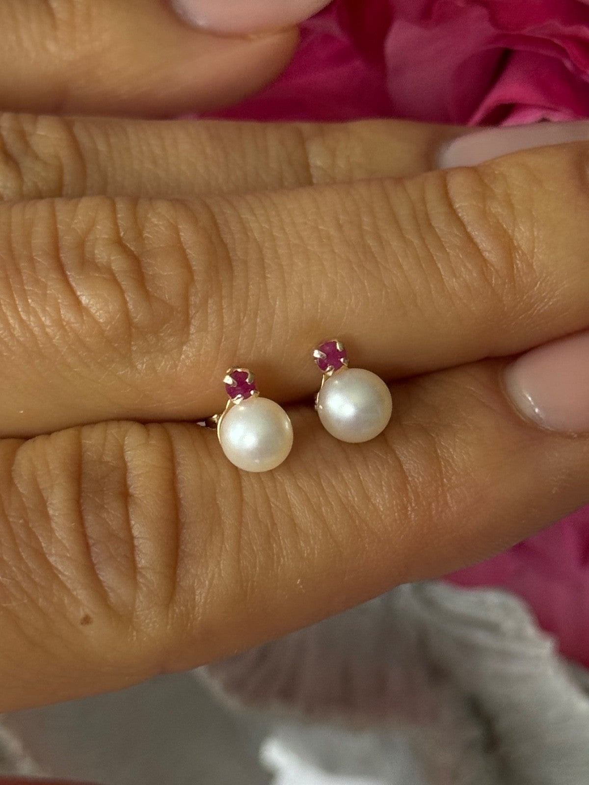14K Yellow Gold Pearl & Ruby Stud Earrings