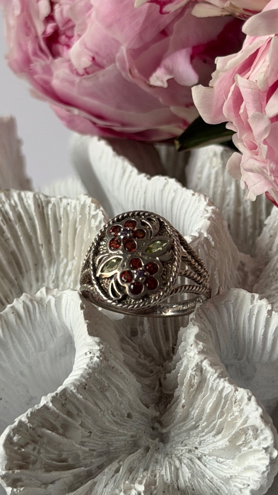 925 Sterling Silver Garnet Amethyst Peridot Ring Size 7