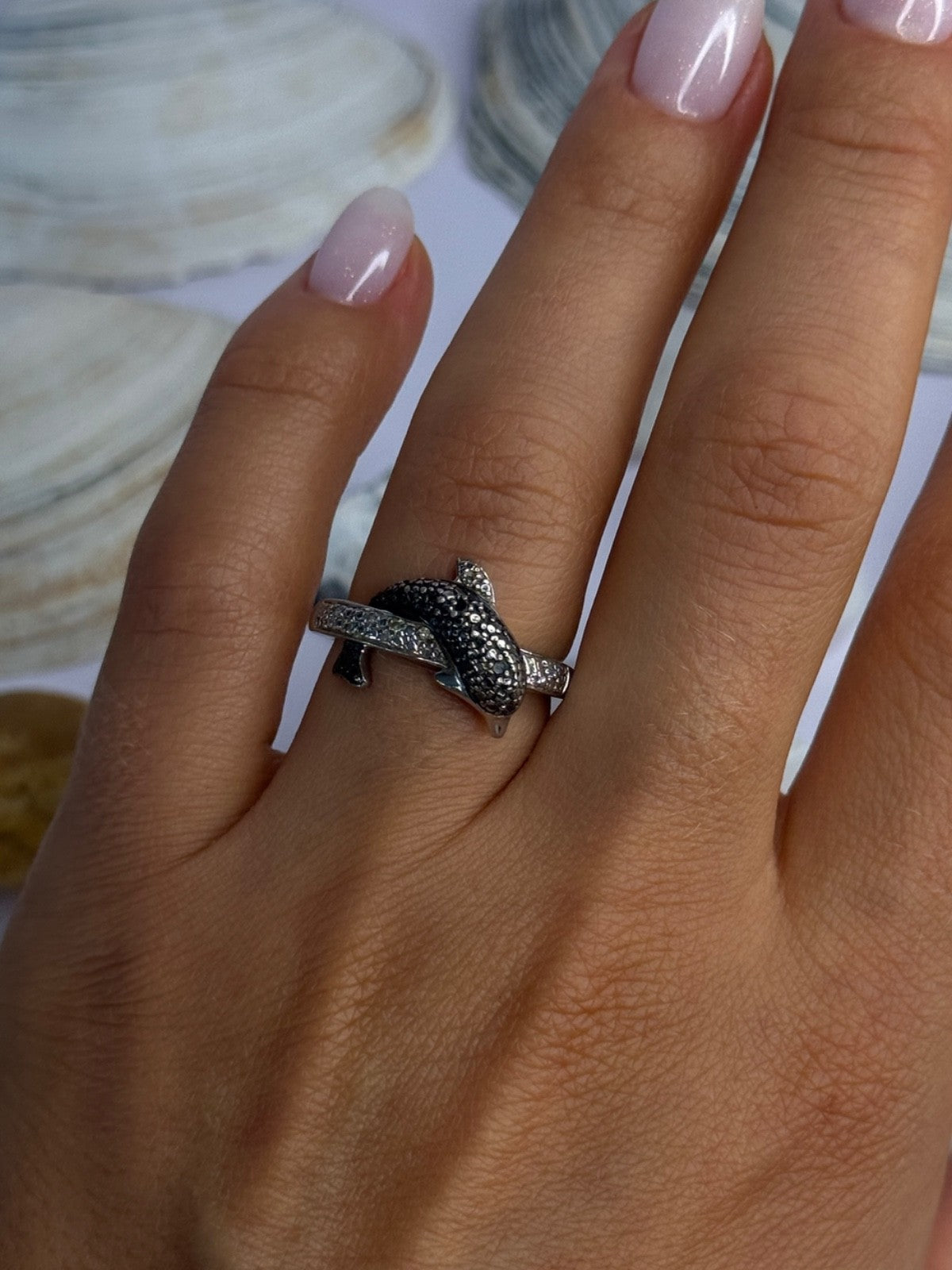 925 Sterling Silver Dolphin Diamond Ring Size 7