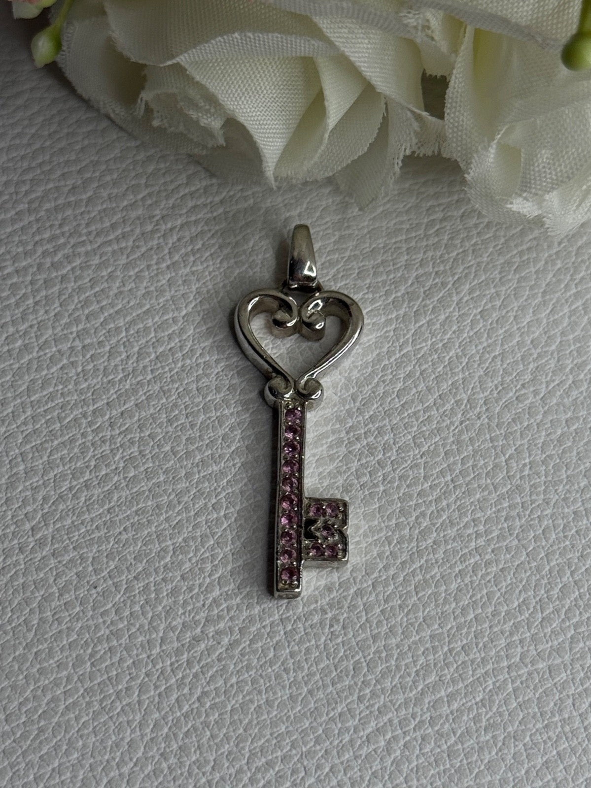925 Sterling Silver Pink Topaz Key Heart Pendant Length 1.60 Inch