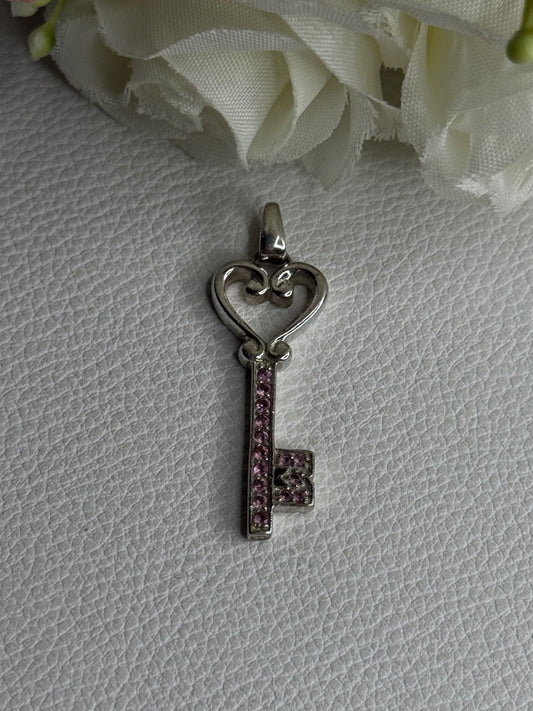 925 Sterling Silver Pink Topaz Key Heart Pendant Length 1.60 Inch