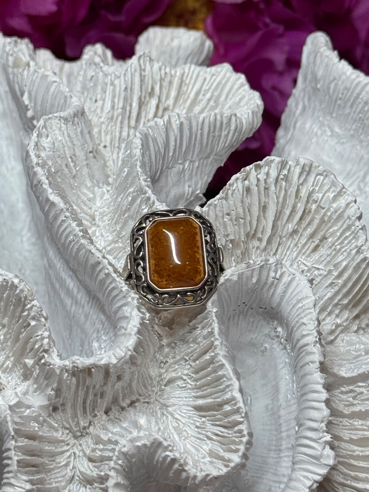 925 Sterling Silver Amber Ring Size 5