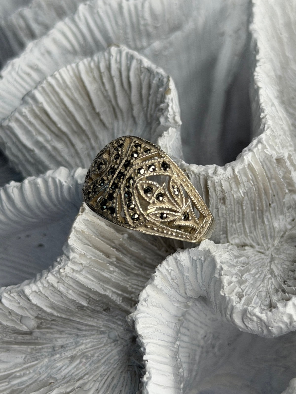 Vintage 925 Sterling Silver Marcasite Ring Size 10