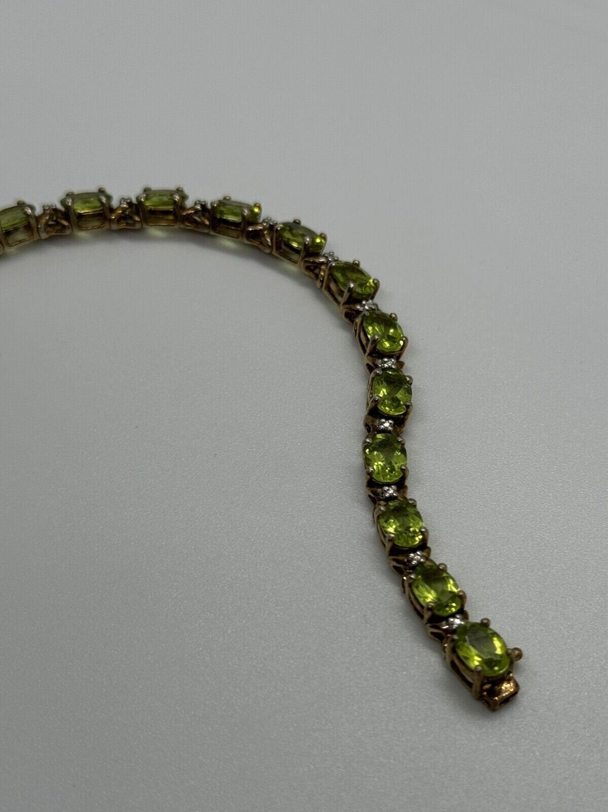 925 Sterling Silver Gold Plated Peridot & Diamonds Bracelet 7.5 in