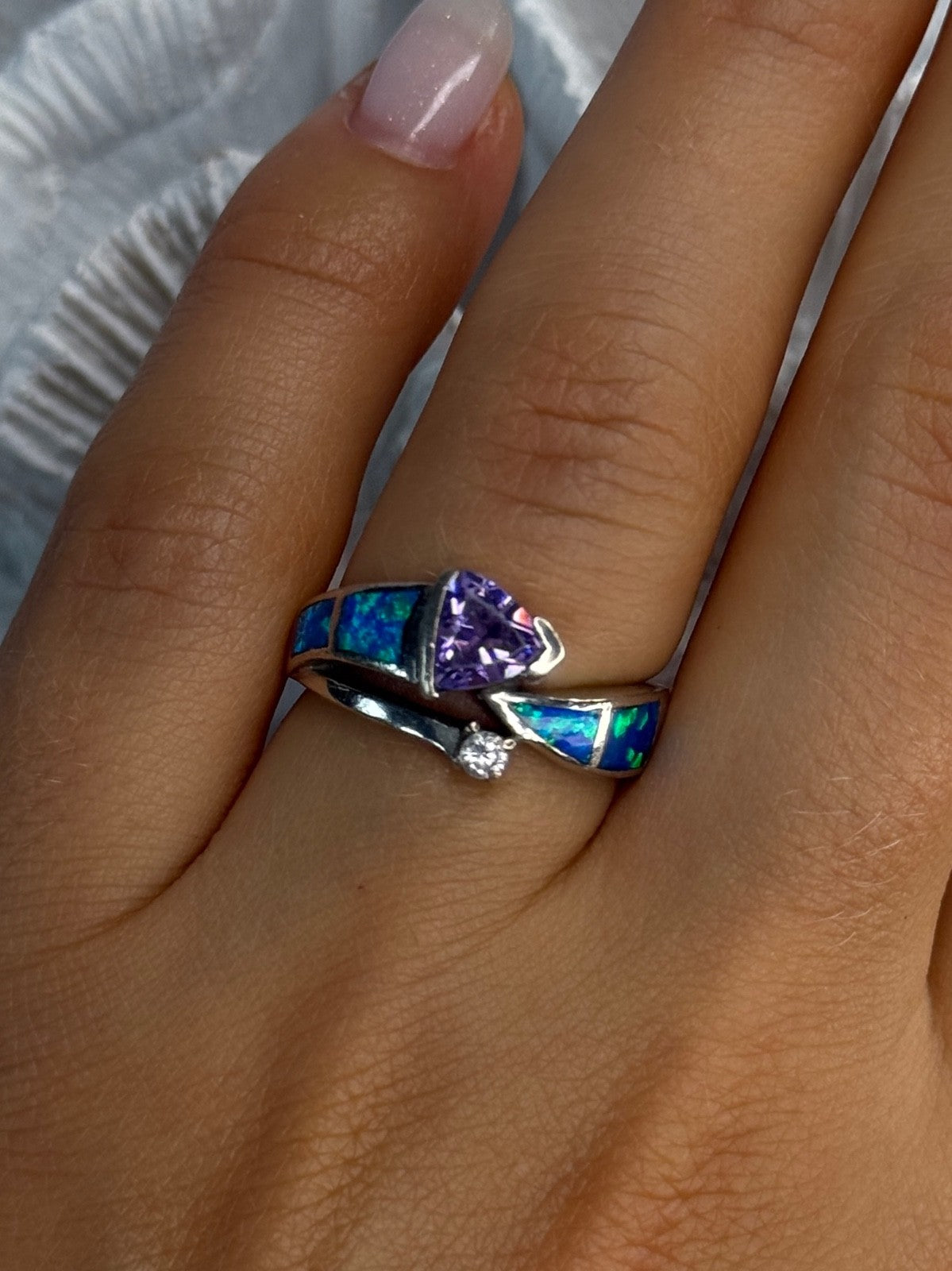 925 Sterling Silver Amethyst & Beryl & Opal Ring Size 7