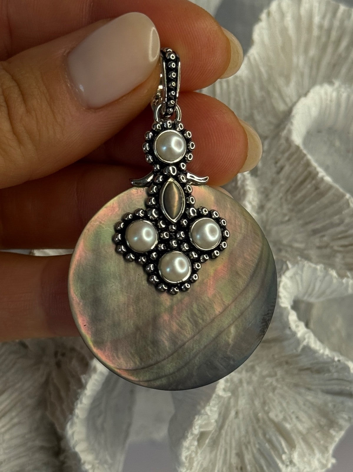 925 Sterling Silver Abalone & Pearl Pendant Length 2.30 Inch