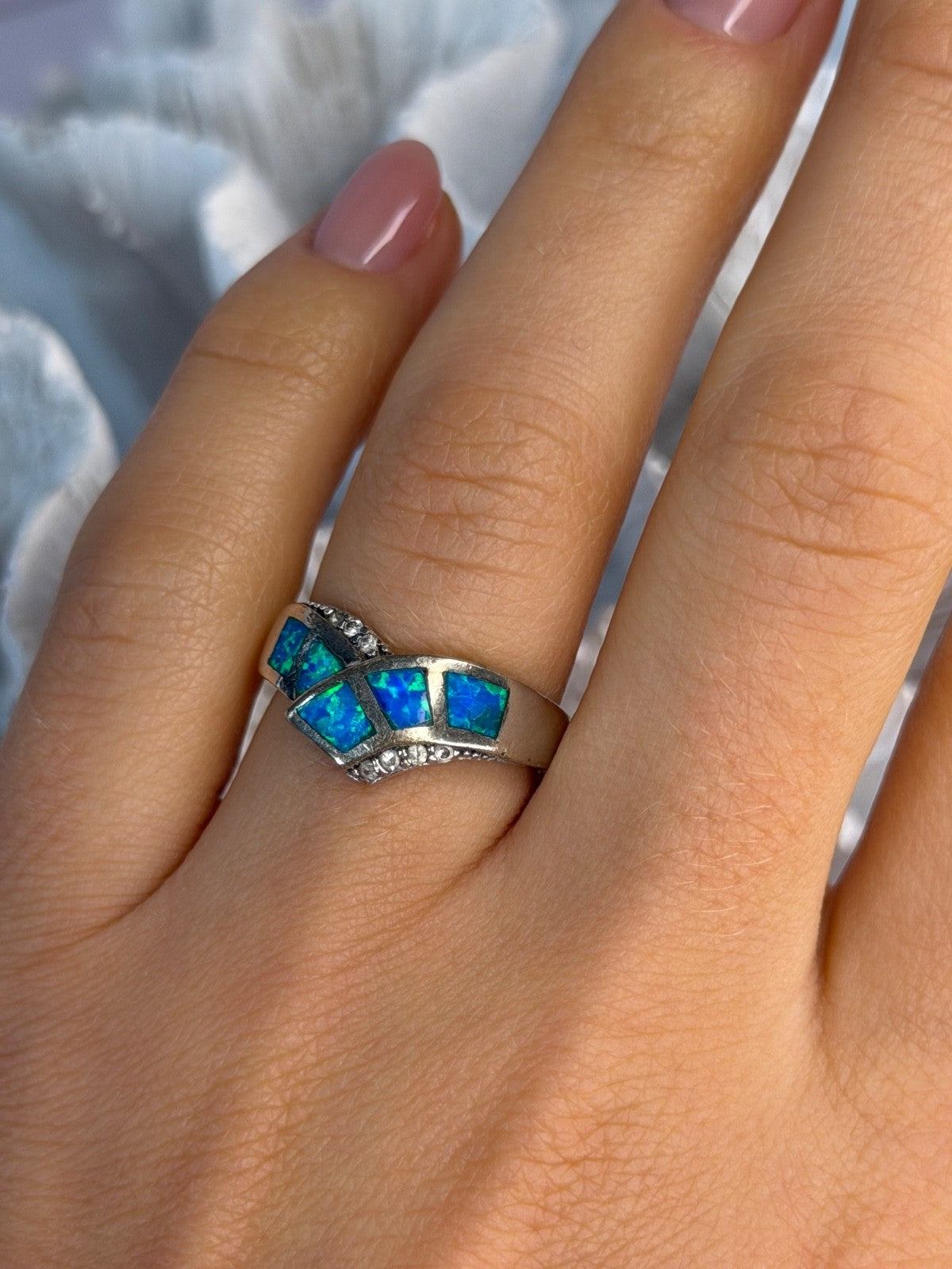 925 Sterling Silver Opal & Beryl Ring Size 7