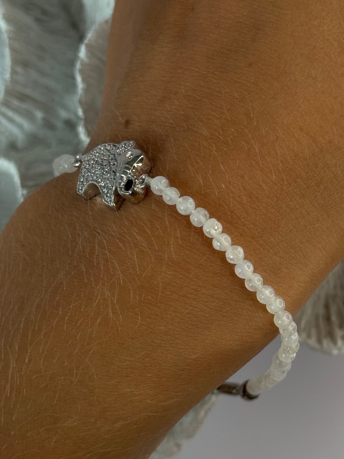 925 Sterling Silver Moonstones Elephant Charm Bracelet Length 7.5
