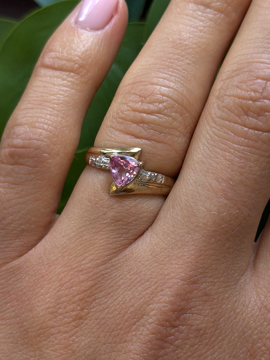 Romantic 10K Yellow Gold Pink Sapphire & Diamond Ring Size 7