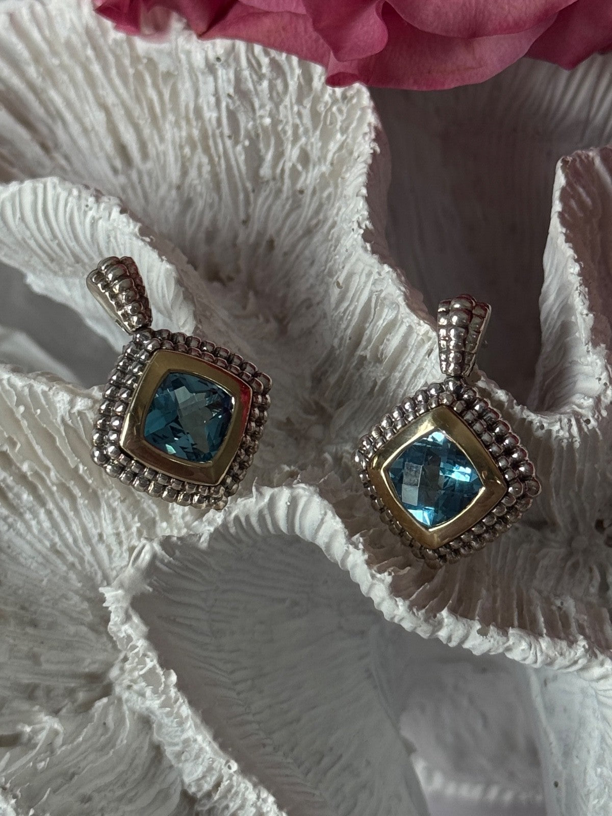 14K Yellow Gold & 925 Sterling Silver Blue Topaz Earrings