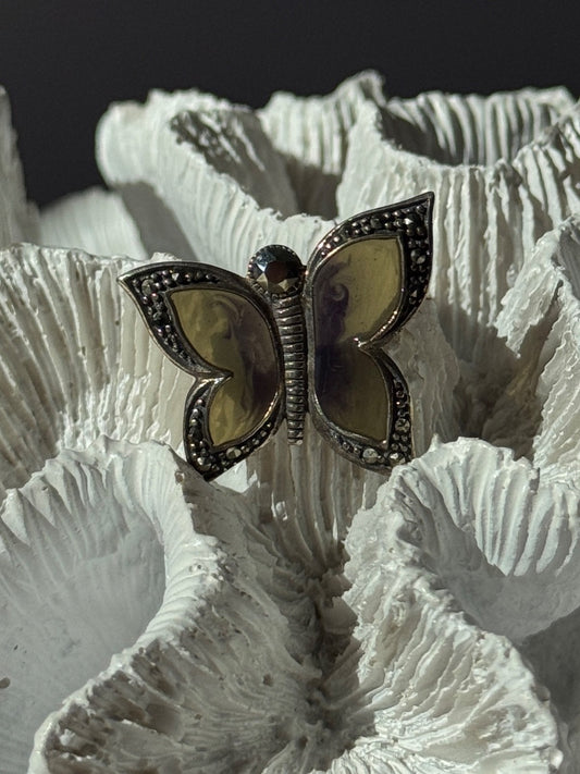925 Sterling Silver Enamel Marcasite Butterfly Pendant