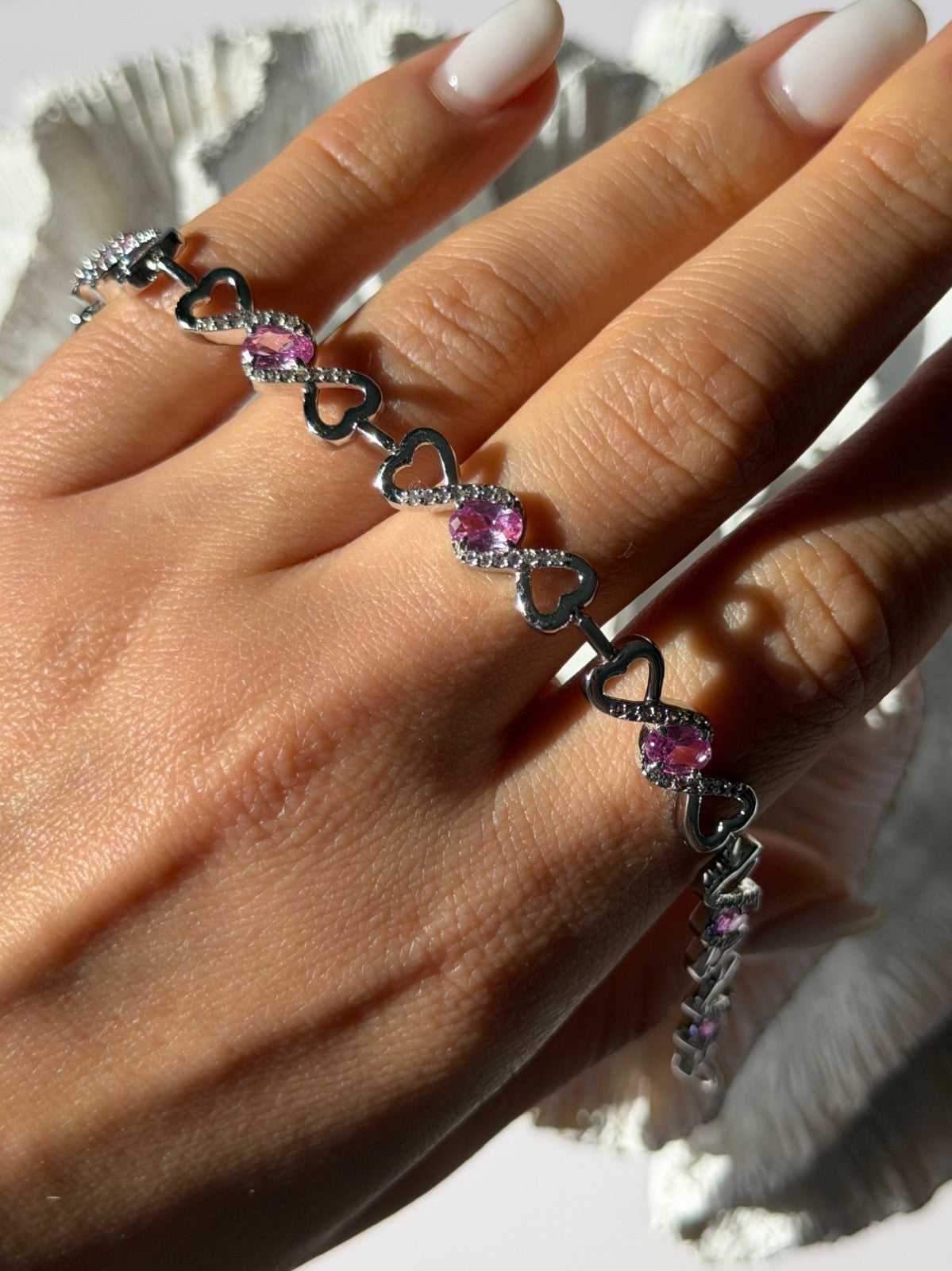 925 Sterling Silver Pink & White Spinel Heart Bracelet