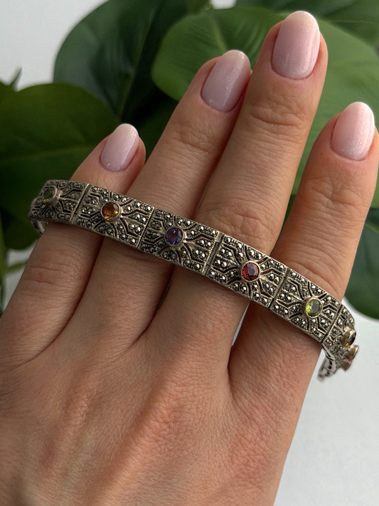 Vintage 925 Sterling Silver Multi Color Tourmaline & Marcasite Bracelet 7