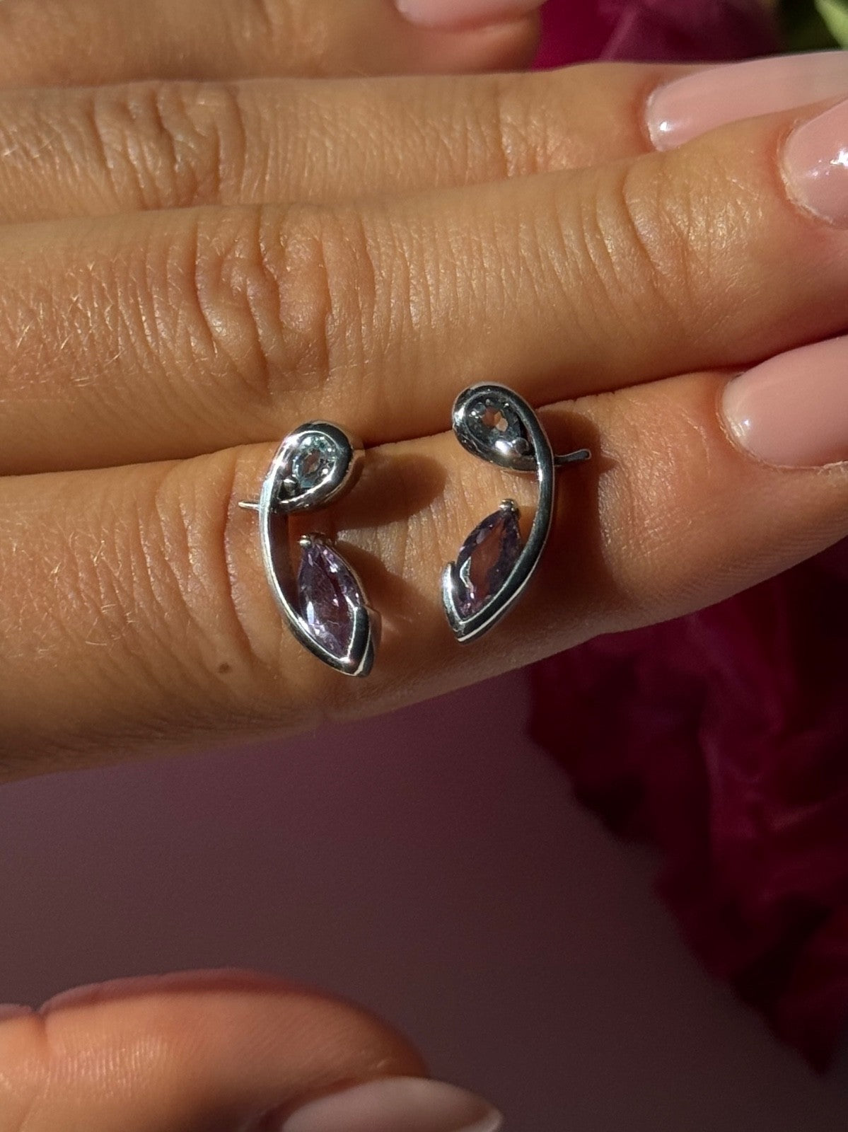 925 Sterling Silver Amethyst & Topaz Earrings Length 0.70 Inch