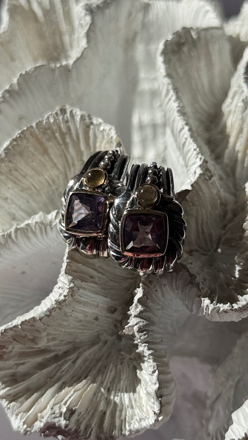 925 Sterling Silver Amethyst & Amber Clip Earrings