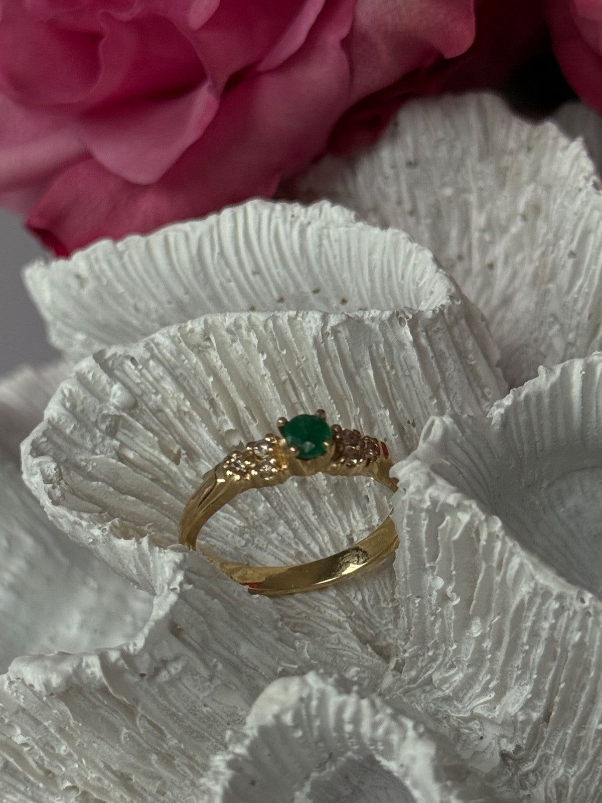 14K Yellow Gold Emerald & Diamond Ring Size 7
