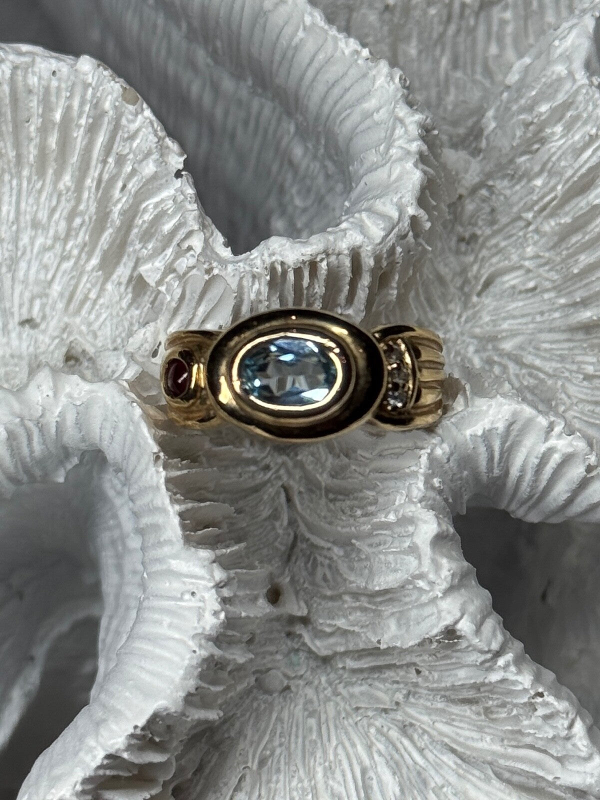 925 Sterling Silver Gold Plated Aquamarine, Garnet & CZ Ring Size 4
