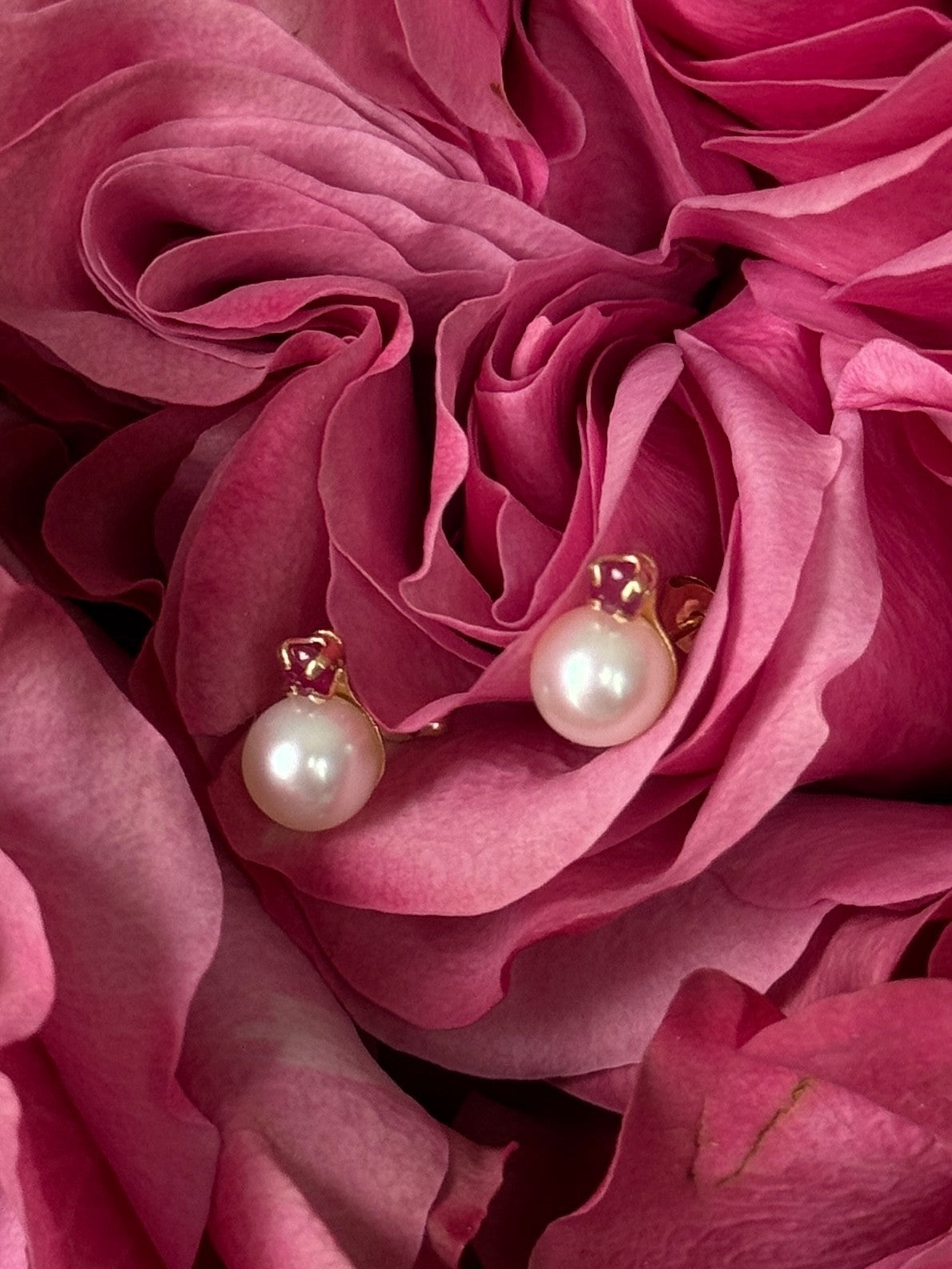 14K Yellow Gold Pearl & Ruby Stud Earrings