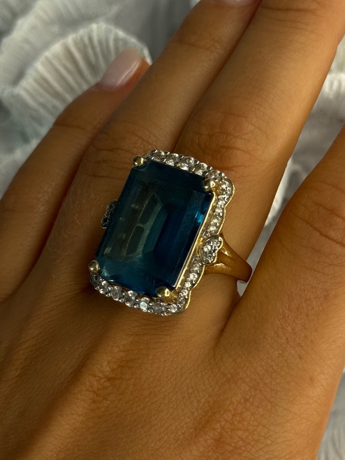 925 Sterling Silver Gold Plated Sapphire & Beryl Ring Size 9