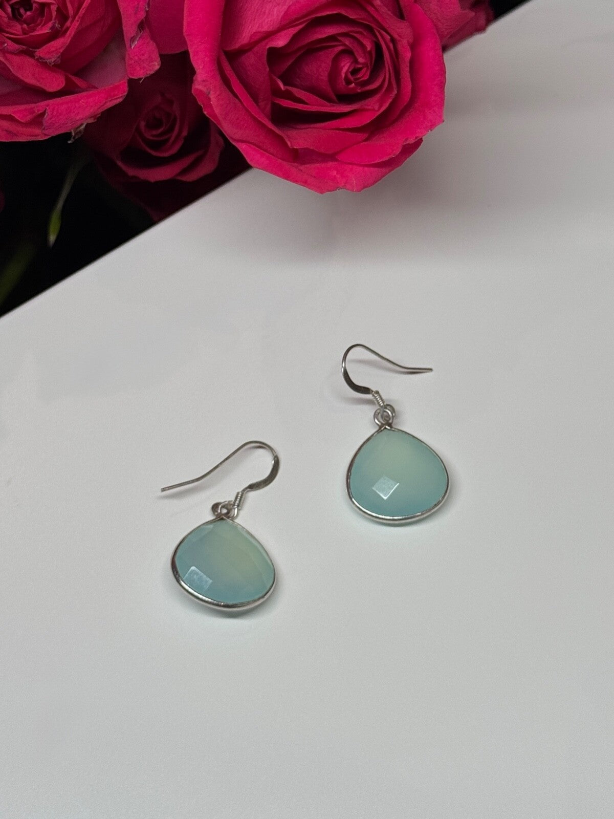 925 Sterling Silver Blue Beryl Earrings Length 1.1 Inch