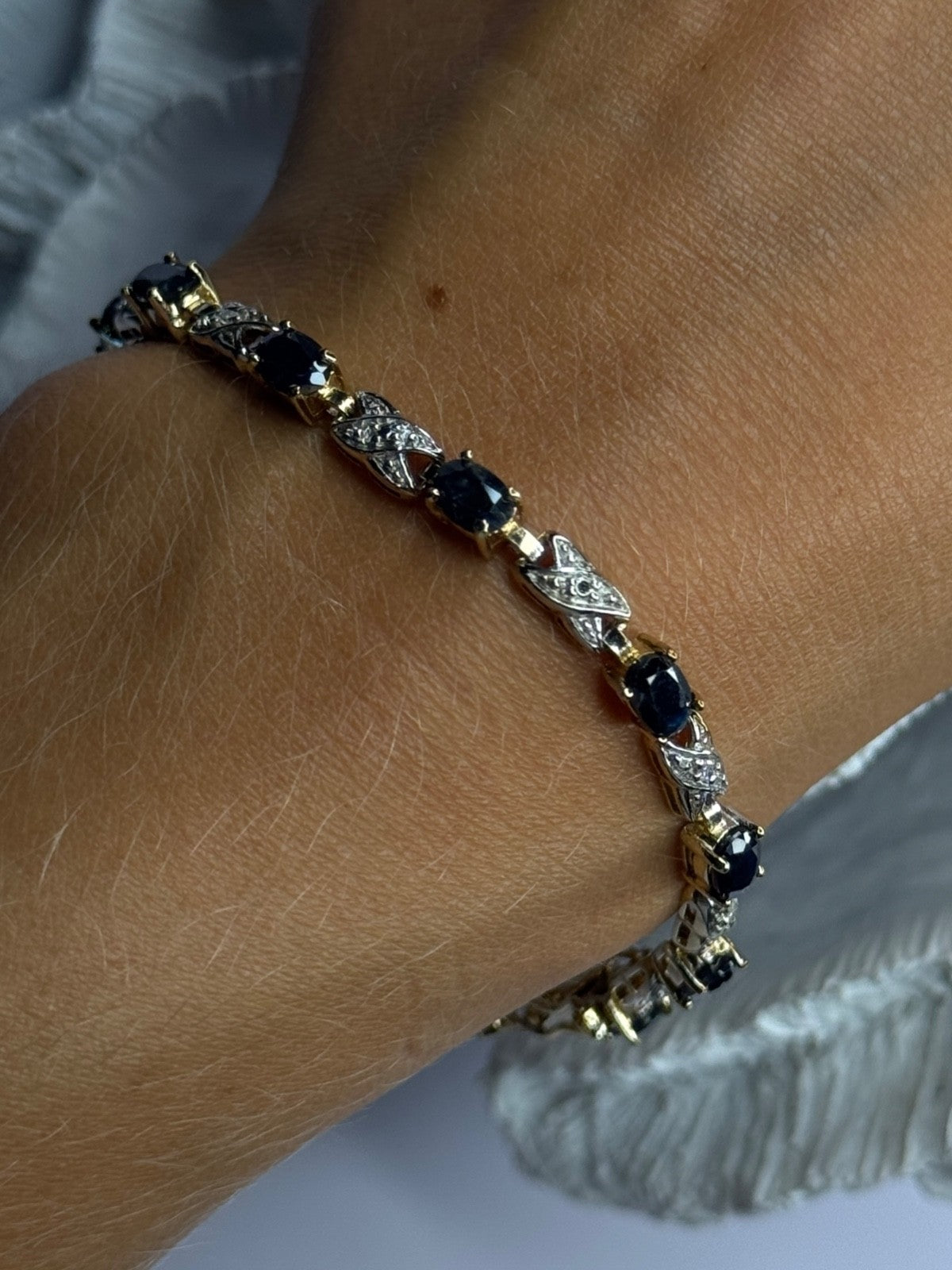 925 Sterling Silver Gold Plated Sapphire & Diamond Bracelet Length 7.5