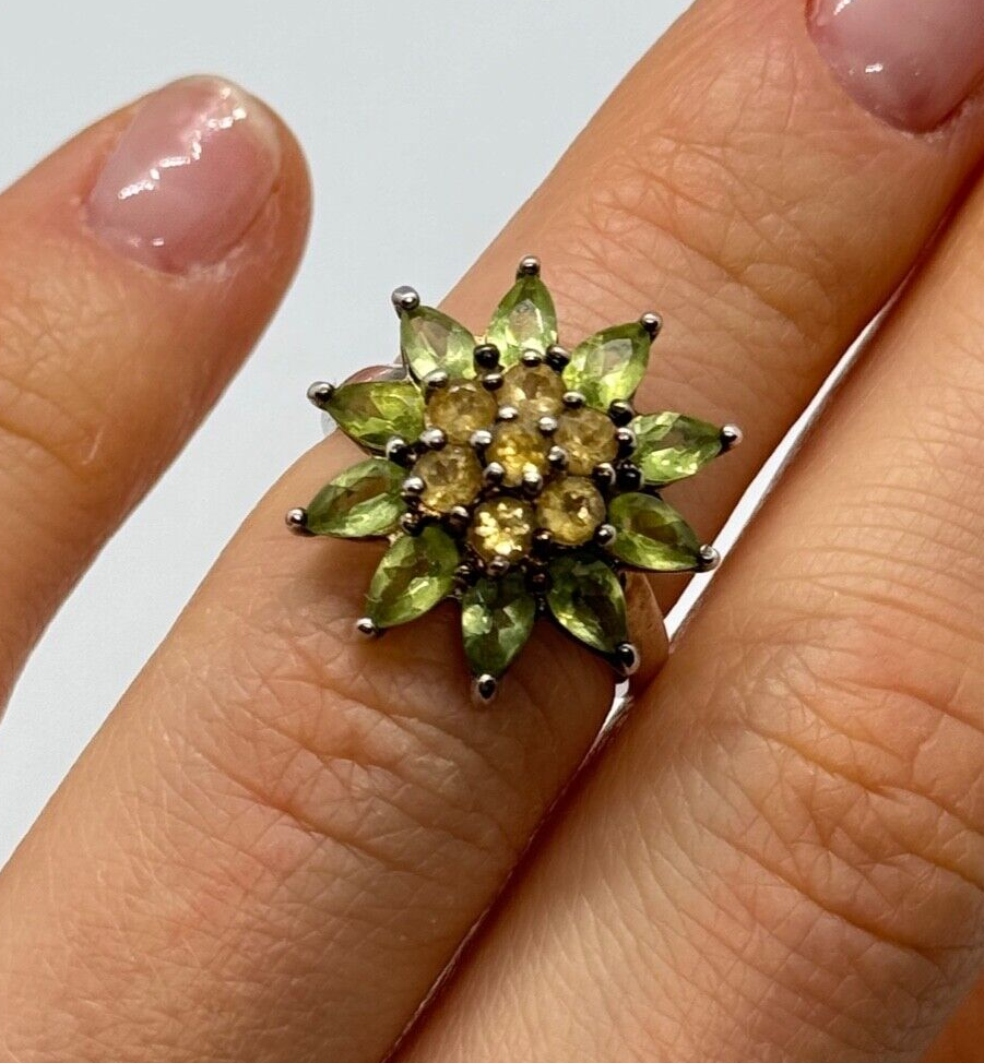 925 Sterling Silver Peridot & Citrine Flower Ring Size 4.5