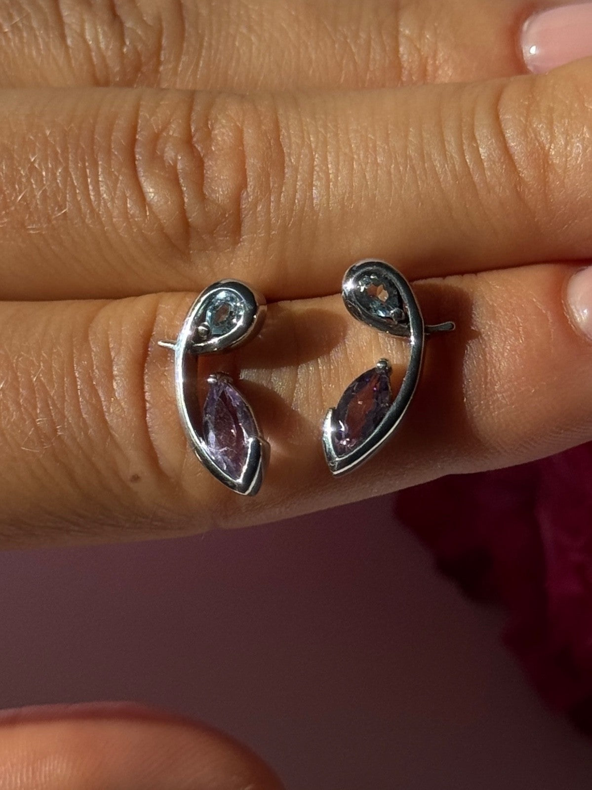 925 Sterling Silver Amethyst & Topaz Earrings Length 0.70 Inch