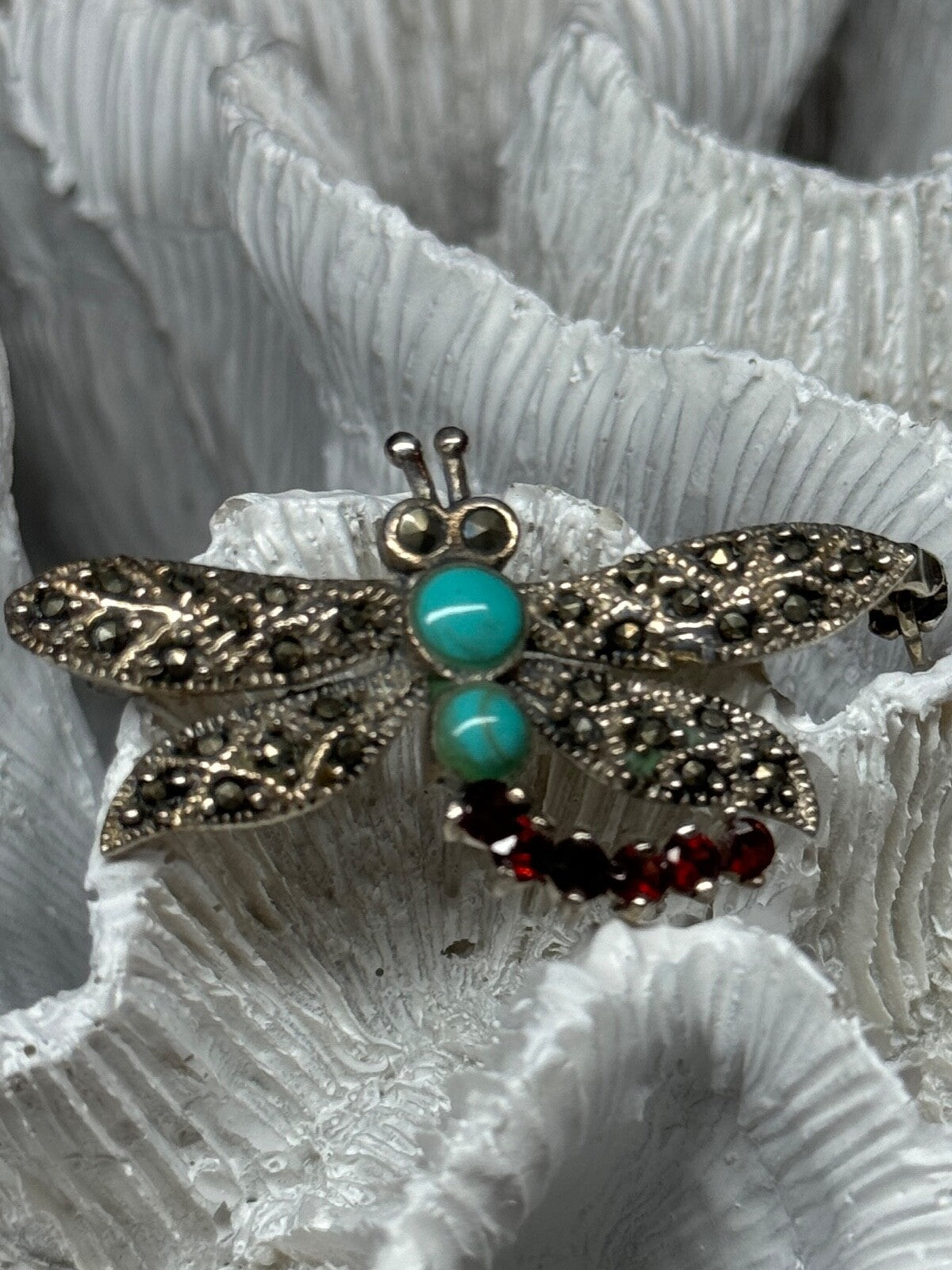 925 Sterling Silver Dragonfly Brooch Turquoise & Garnet Length 1.7 in