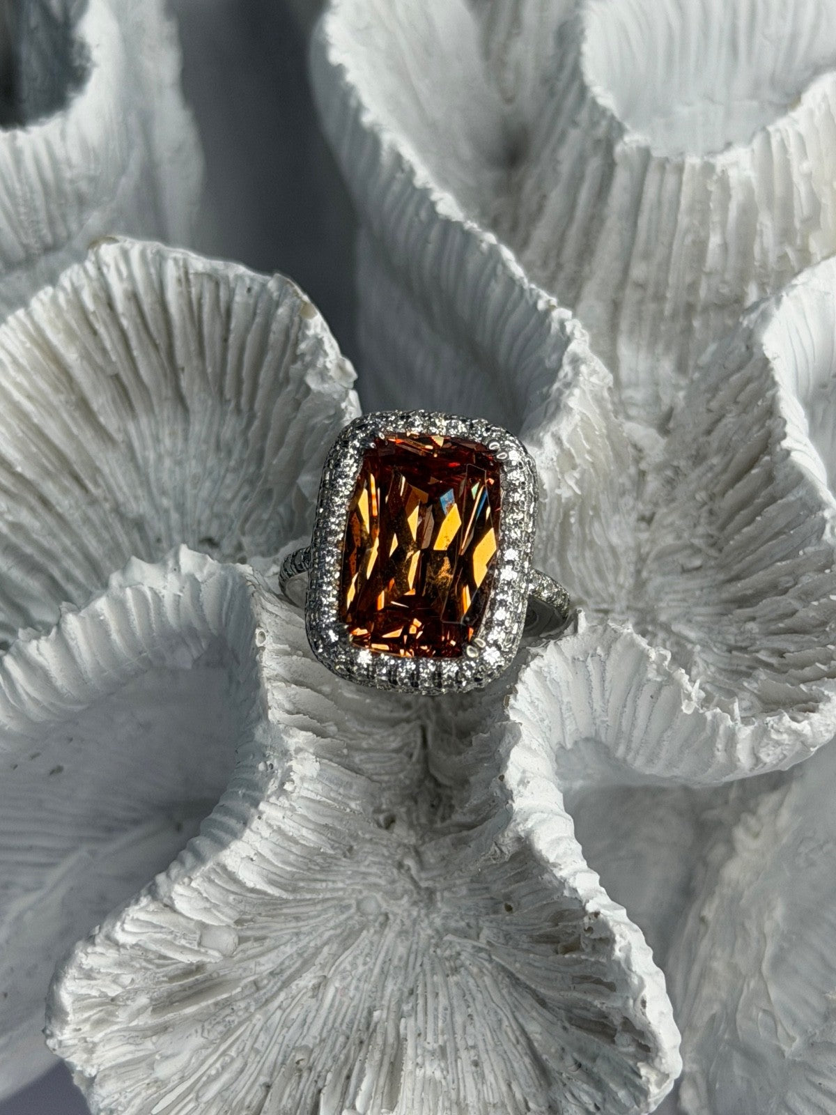 925 Sterling Silver Orange Crystal & Cz Ring Size 5