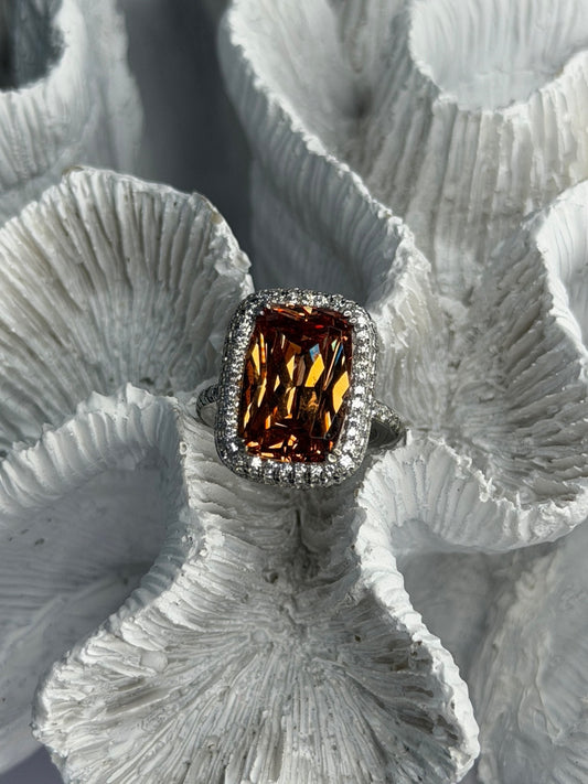 925 Sterling Silver Orange Crystal & Cz Ring Size 5