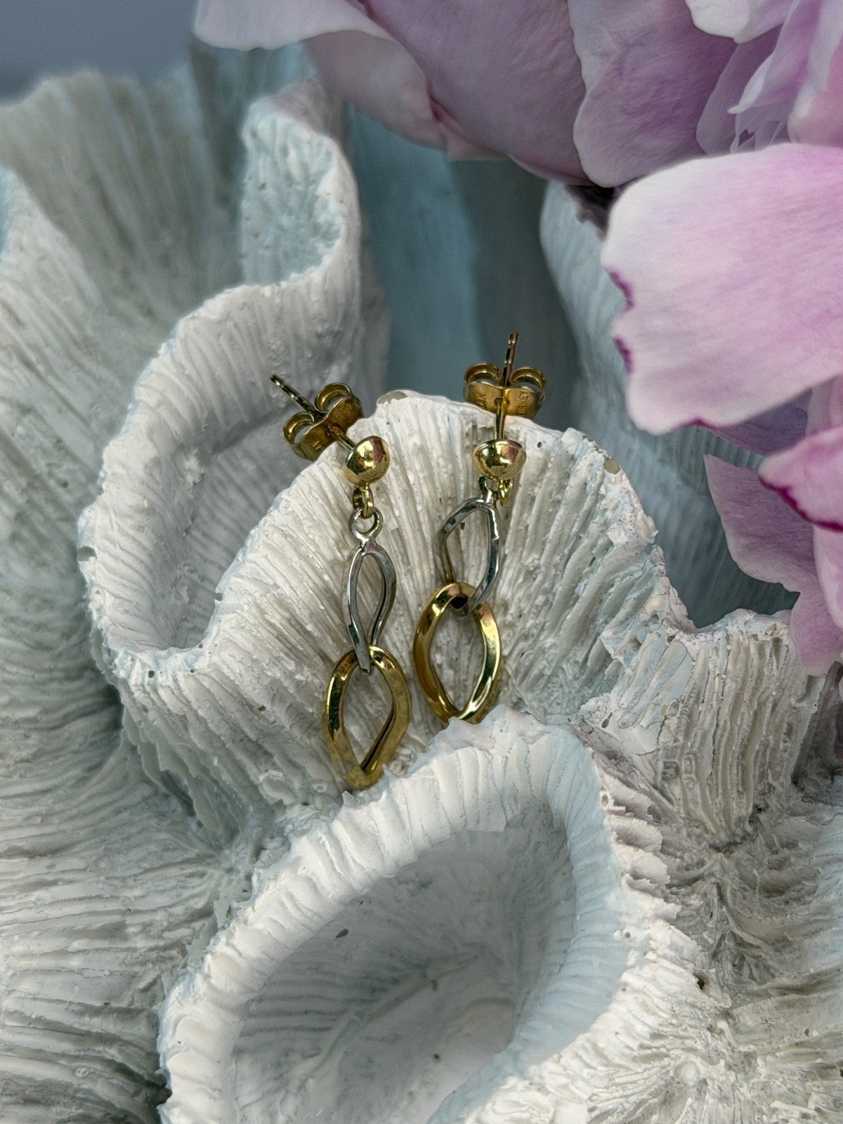 Aesthetic 14K Yellow & White Gold Earrings Length 1 Inch