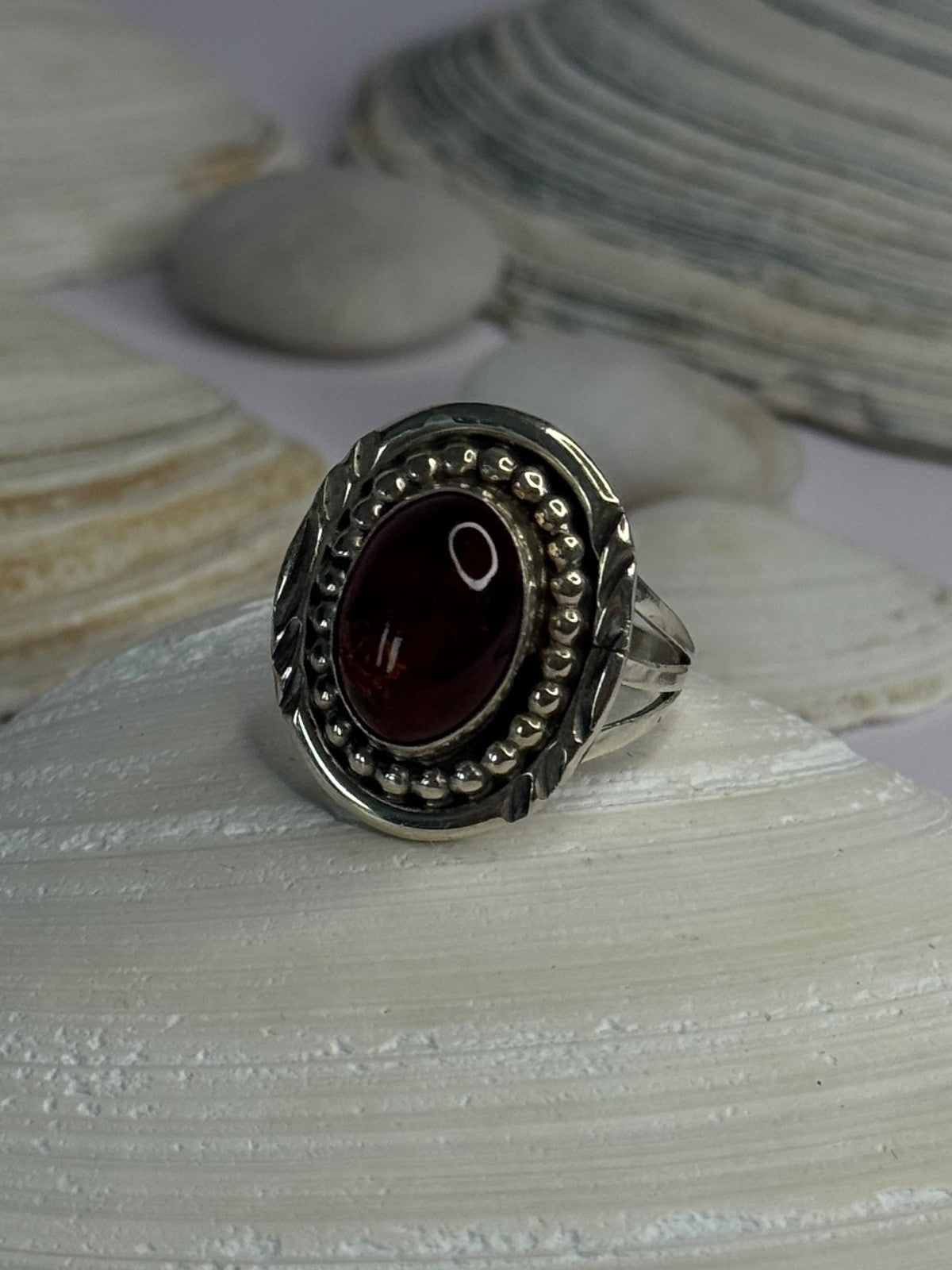 Vintage Design 925 Sterling Silver Amber Ring Size 9