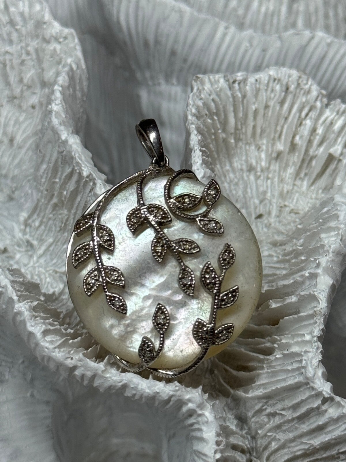 925 Sterling Silver Abalone & Marcasite Pendant Length 1.4 In