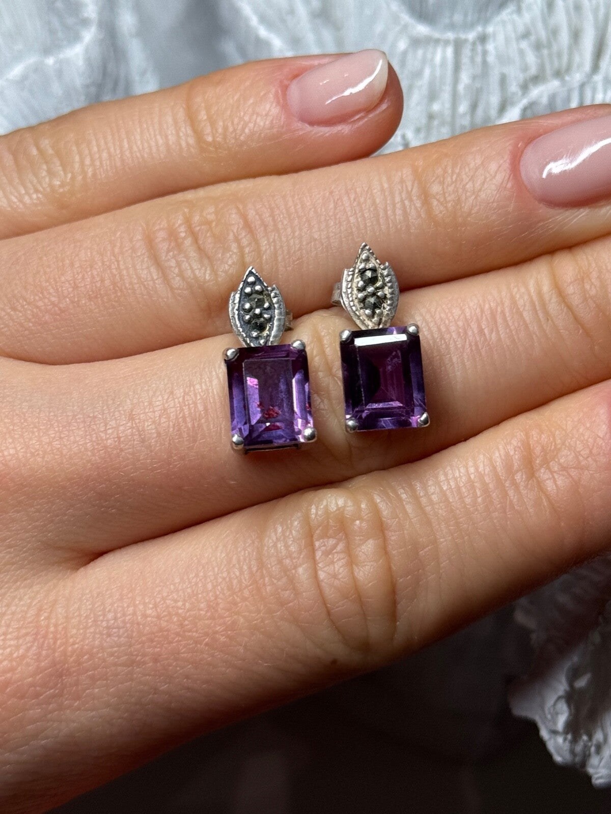 925 Sterling Silver Tourmaline & Marcasite Earrings Length 0.7 Inch