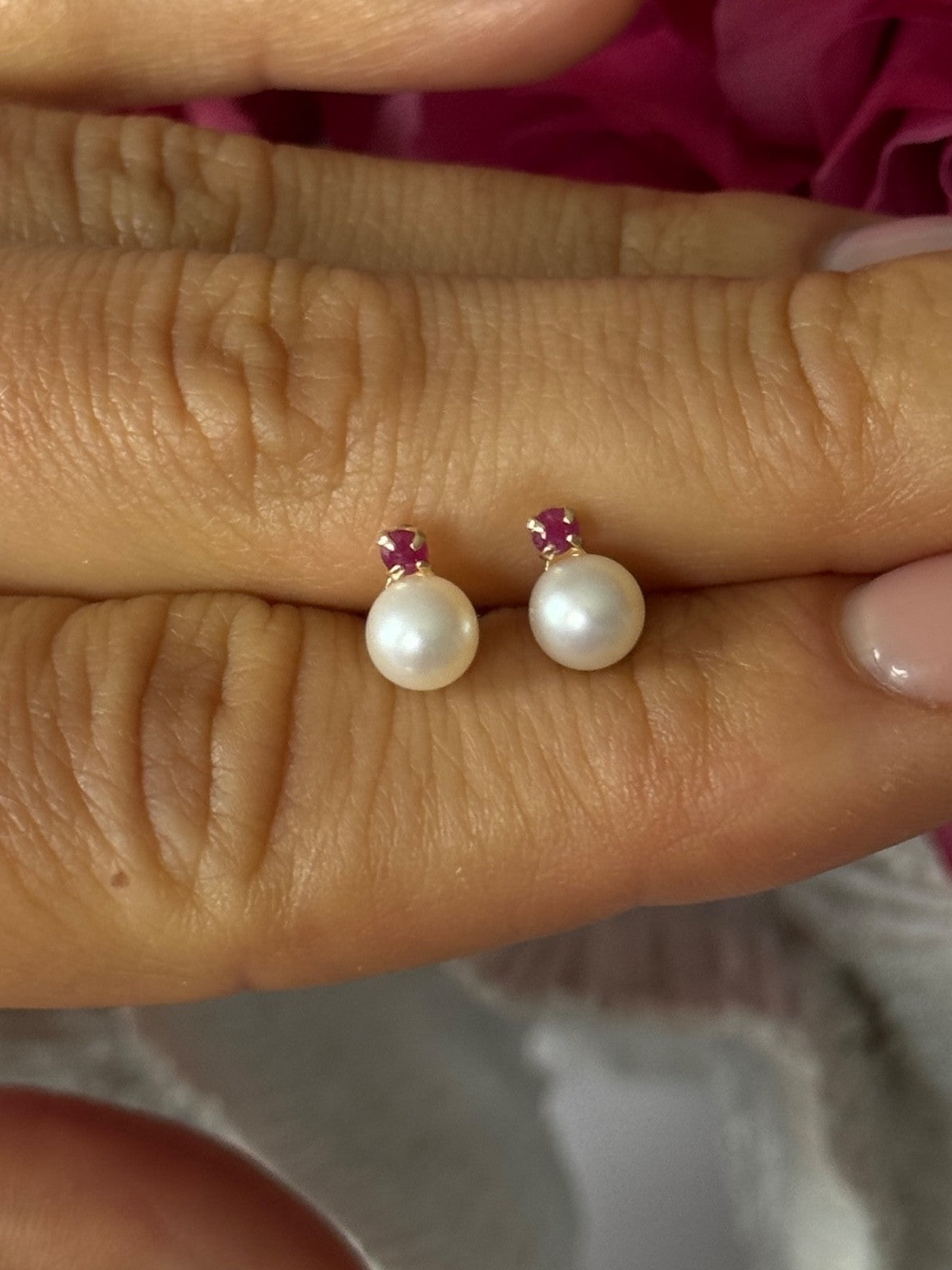 14K Yellow Gold Pearl & Ruby Stud Earrings