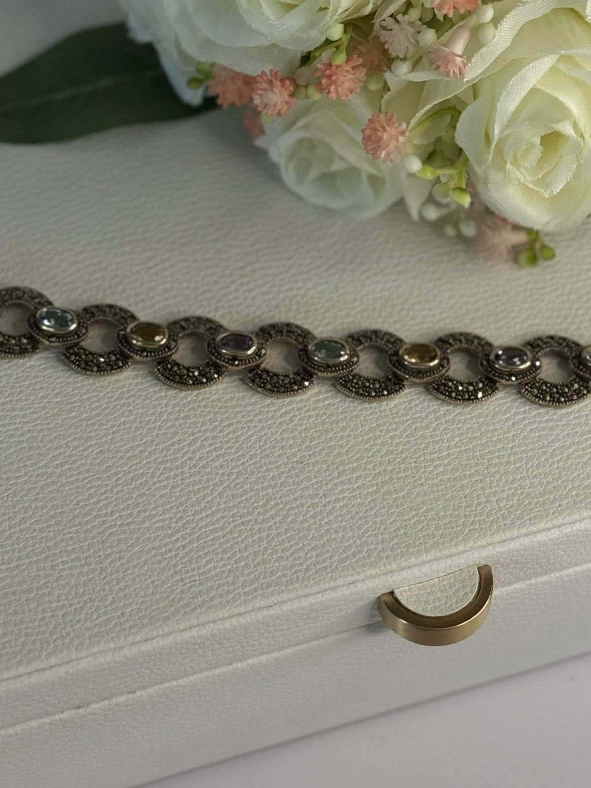 925 Sterling Silver Amethyst Citrine Topaz Marcasite Bracelet Length 7.5 Inch