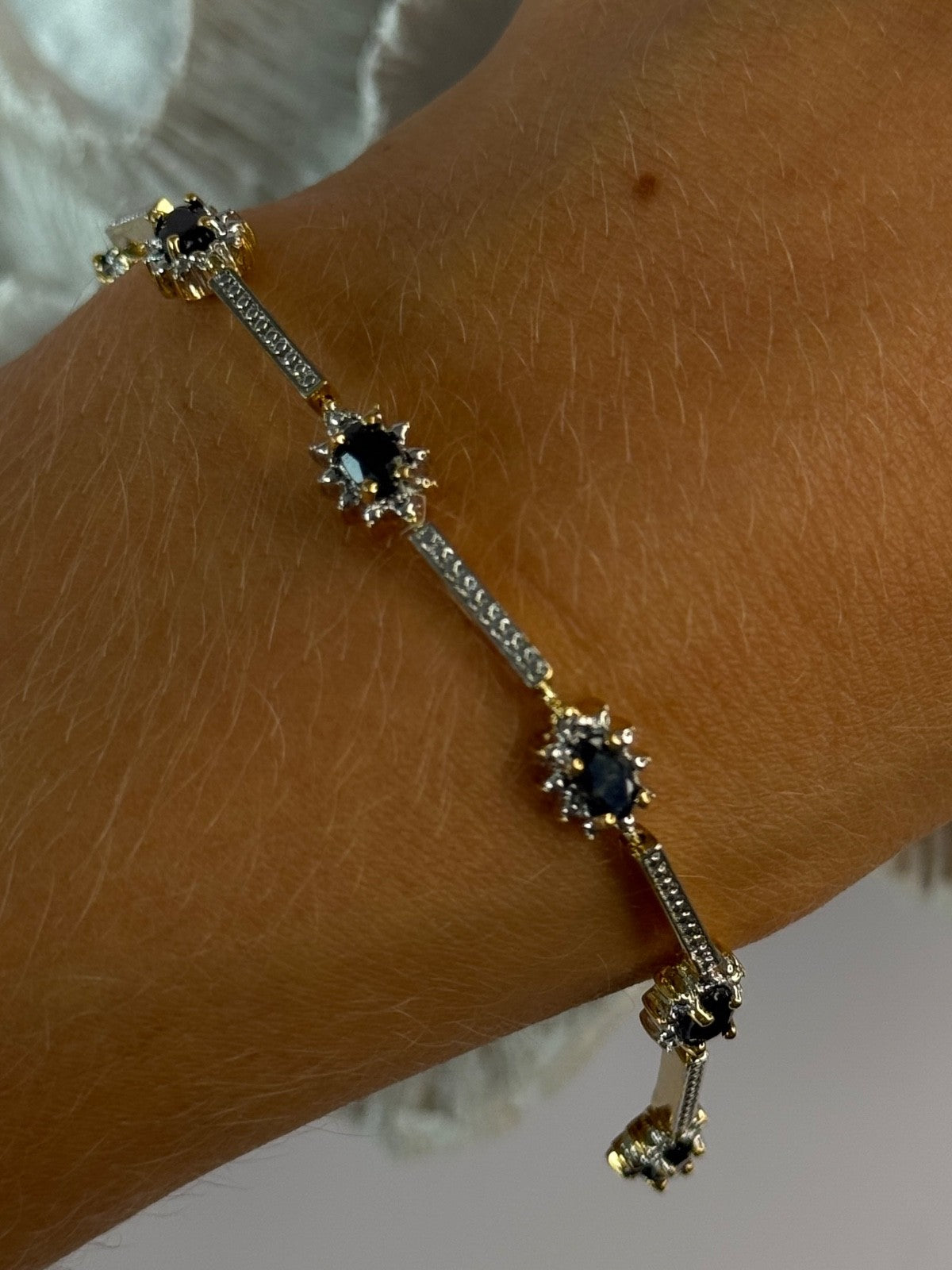 925 Sterling Silver Gold Plated Sapphire Bracelet Length 7