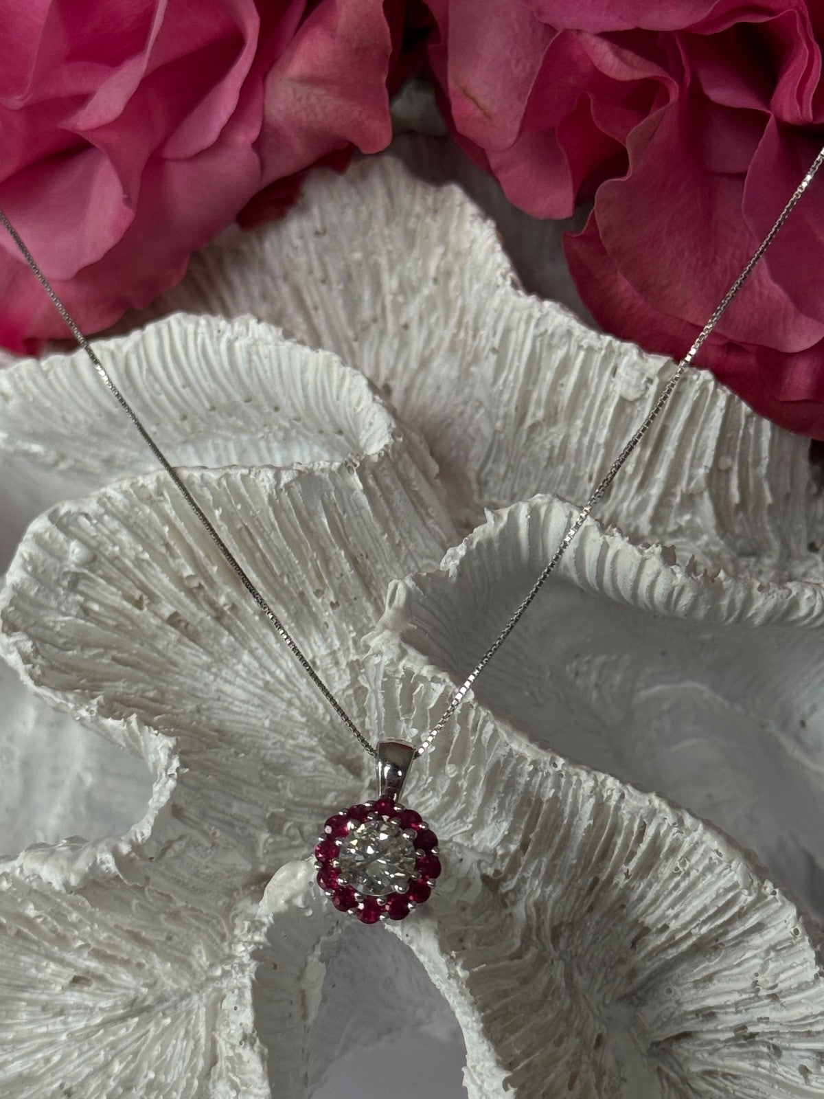 14K White Gold Diamond & Ruby Flower Necklace Length 18 inch