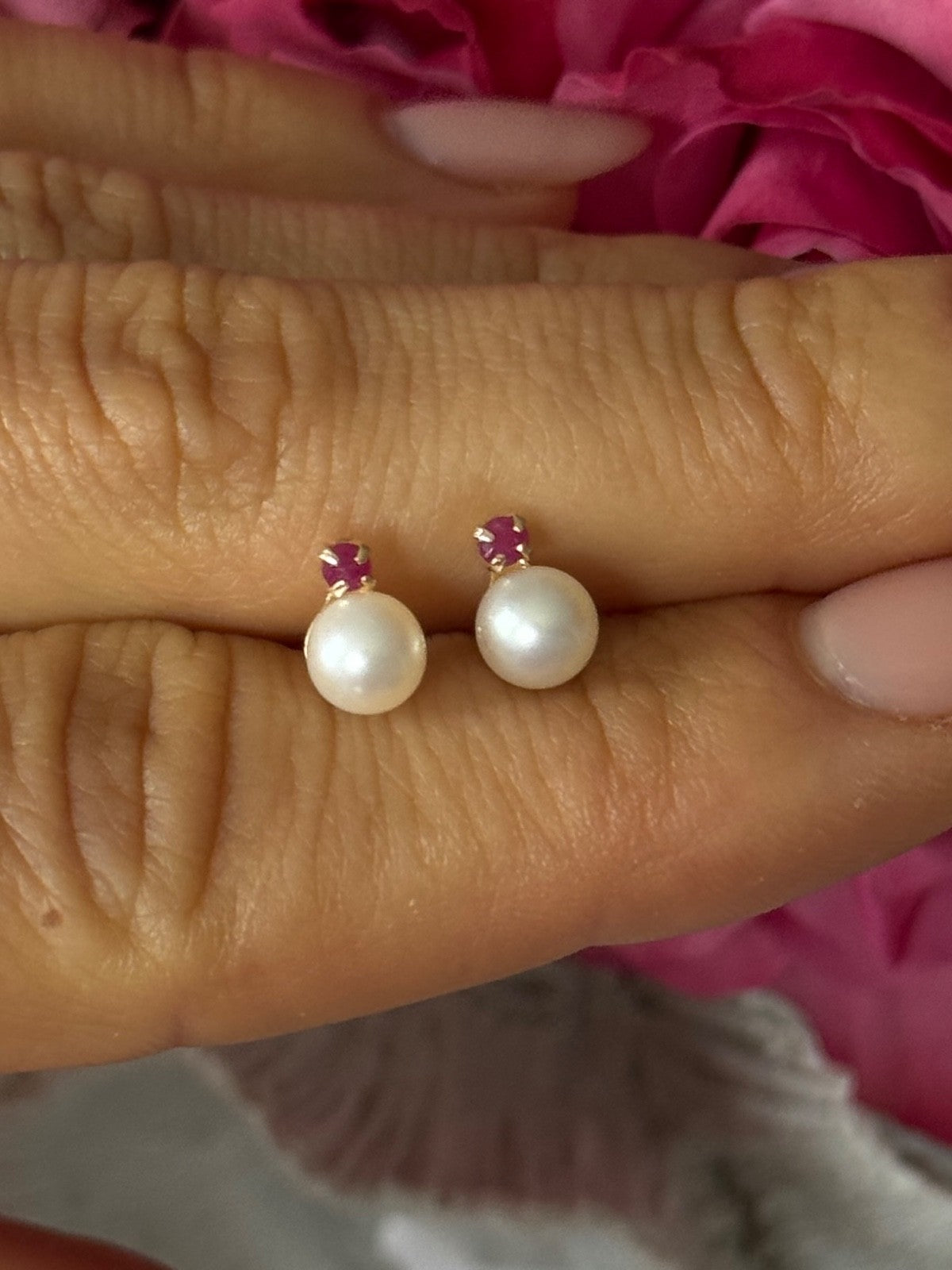 14K Yellow Gold Pearl & Ruby Stud Earrings