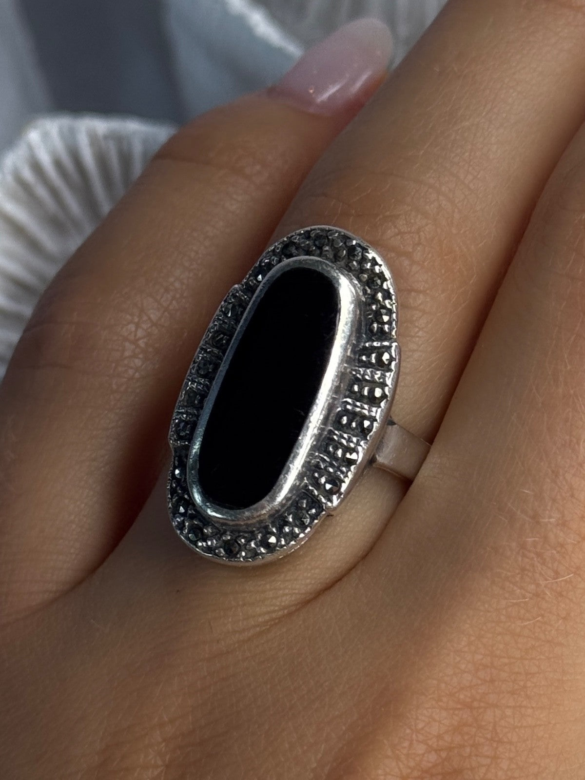 Vintage 925 Sterling Silver Onyx & Marcasite Ring Size 6.5