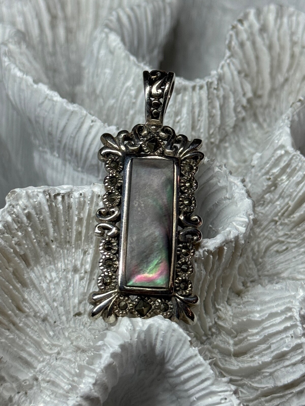 925 Sterling Silver Abalone Pendant Length 1.6 In
