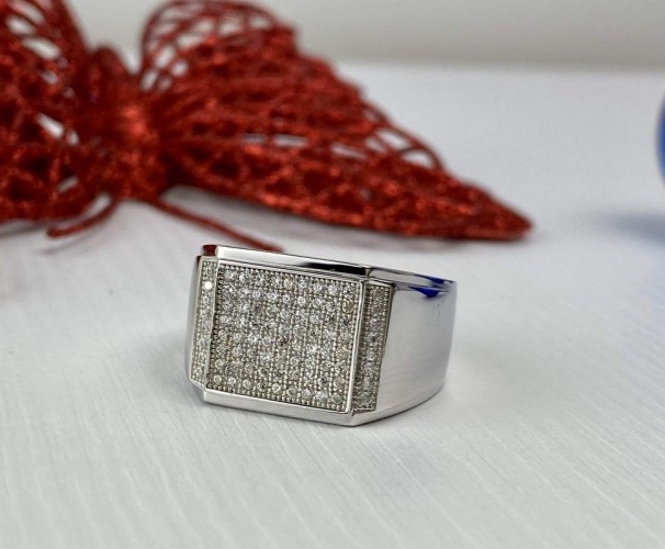 Men'S 925 Sterling Silver CZ Signet Ring Size 13