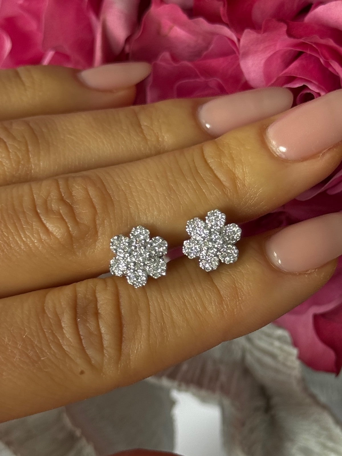 14K White Gold Diamond Flower Earrings