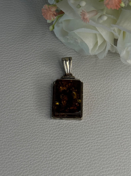 Vintage 925 Sterling Silver Amber Pendant Length 1.50 Inch