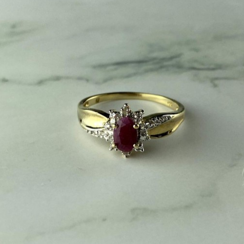 925 Sterling Silver Gold Plated Ruby & Diamonds Ring Size 6.5