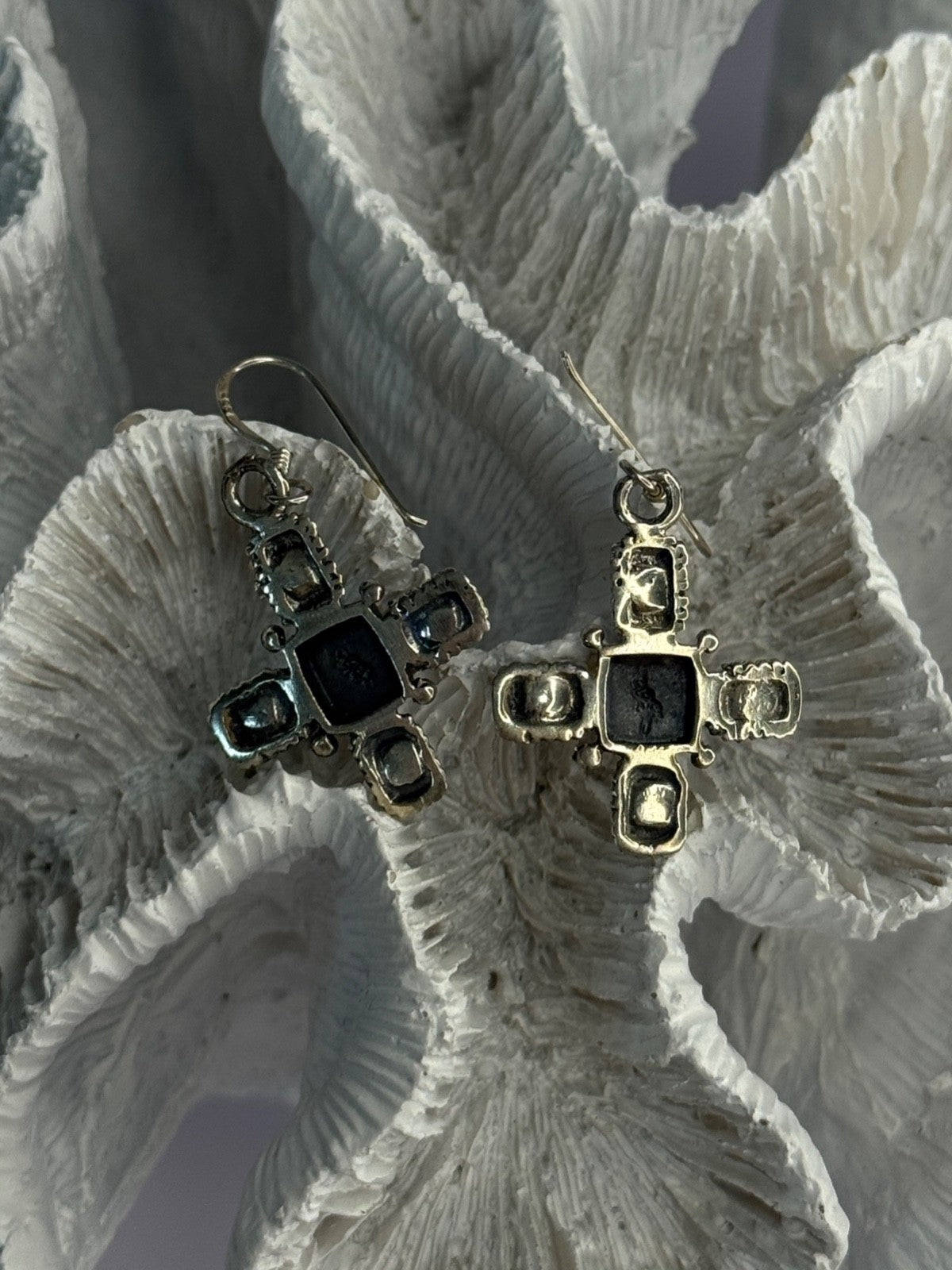 925 Sterling Silver Green Amber & Pearl Cross Earrings Length 1.50 Inch