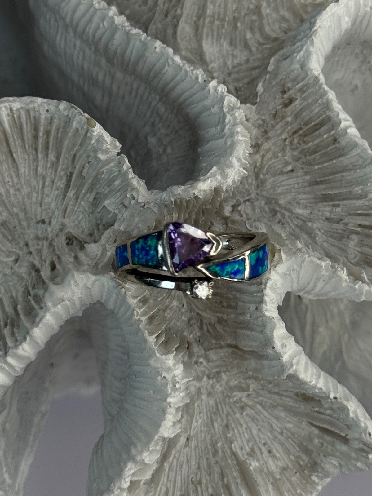 925 Sterling Silver Amethyst & Beryl & Opal Ring Size 7